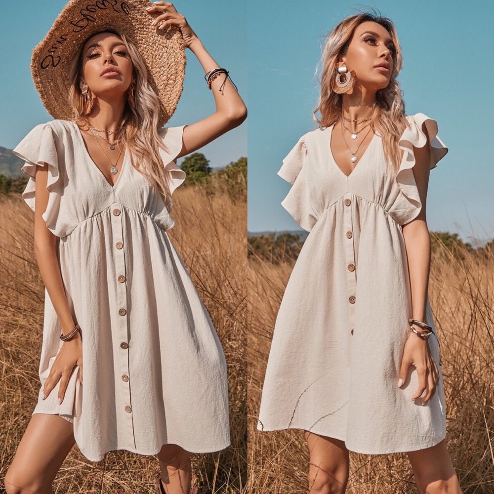 Vneck button detail boho ruffle sleeve beige dress